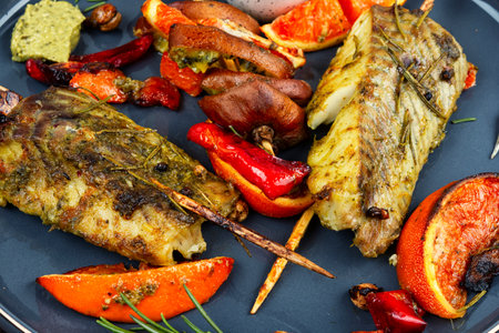 Grilled pollock or cod fillet with citrus and pesto sauce. Grilled fish, seafood. Close up.