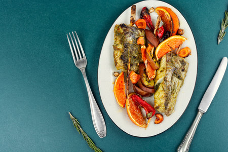 BBQ. Appetizing fried pollock fillet with citrus garnish on wooden skewers. Copy space.の写真素材