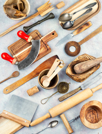 Traditional wooden kitchen utensils and kitchenware. Home cooking.の写真素材