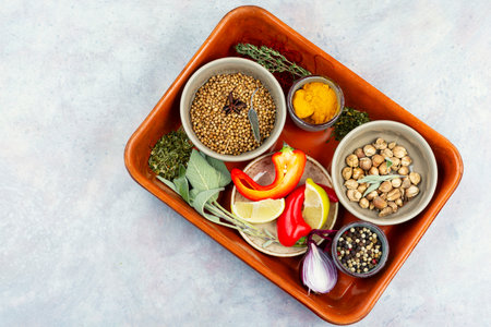 Cooking ingredients flavor, various aromatic spices and herbs. Ingredients for cooking. Space for text. Overhead view.の写真素材