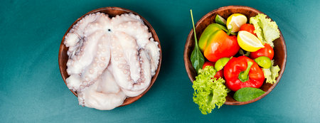 Fresh octopus. Concept healthy food, Mediterranean diet and seafood. Seafood ingredient for cooking.の写真素材
