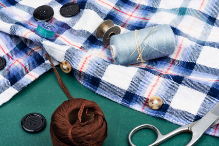Colored threads and needles for sewing, sewing accessories.