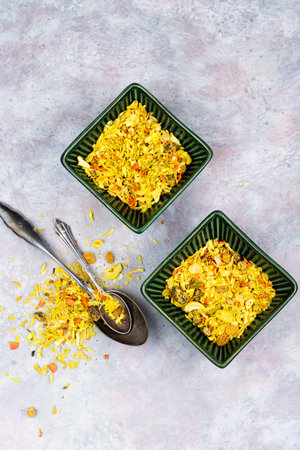 Aromatic, colorful, vibrant spices and herbs. Bowls filled with spices. Ingredients for cooking.の写真素材