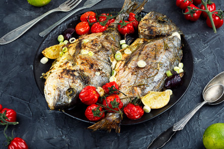Appetizing grilled sea bream or dorado. Dorado or sea bream baked with tomatoes