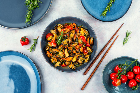 Appetizing fried mussels in vegetable sauce. Healthy seafood and chopstick. Flat lay.の写真素材
