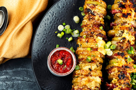 Delicious grilled skewers with bacon, meat and potatoes on barbecue grill. BBQ, top view.の写真素材