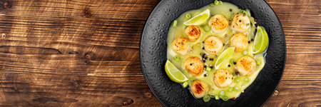 Sea scallop appetizer cooked in butter. Free space for your text.の写真素材