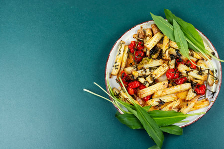 Grilled or roasted organic white asparagus with tomatoes and wild garlic on plate. Space for text.