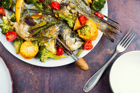 Tasty roasted sea bream fish and vegetables. Delicious baked dorado fish with spices and fried vegetables.の写真素材