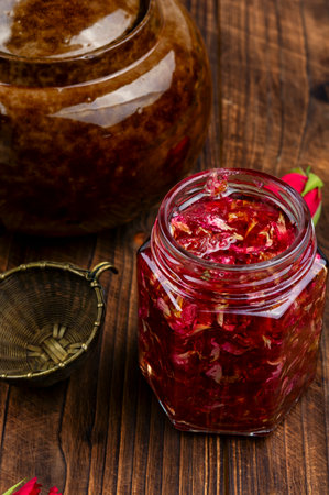 A jar of delicious tea rose jam for tea drinking on wooden surface.の写真素材
