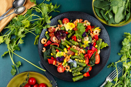 Freshly prepared seafood salad with shrimp, red caviar, vegetables and greens, with edible flowers....
