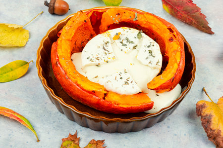 Pumpkin or squash baked with camembert.の写真素材