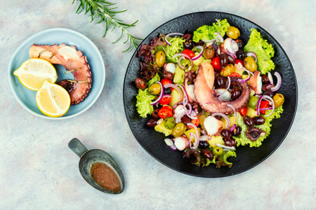 Octopus salad with potatoes. Traditional Italian food. Top view.の写真素材