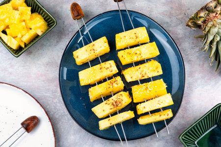 A Perfect Summer Recipe. Fruit Skewers with Pineapple. Overhead view. Healthy food concept.の写真素材