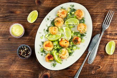 A plated dish of sea scallops garnished with fresh lime and basil sauce on wooden rustic background.の写真素材