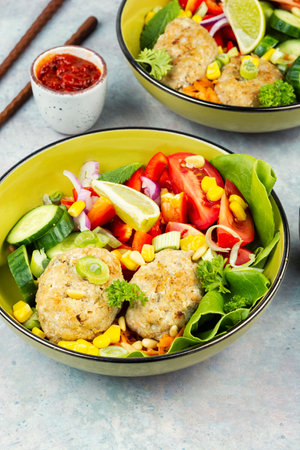 Healthy Fish cakes. Fish patties. Fried cutlets fresh vegetables and fish cutlets. Light, healthy and beautiful dish food from Americaの写真素材