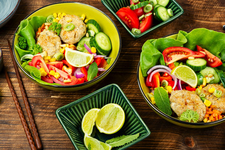 Buddha bowl, healthy and balanced food with vegetables fish cutlets or fish cakes.の写真素材