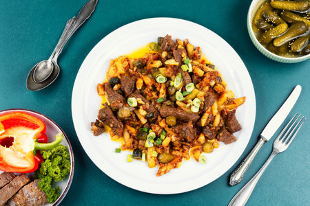 Fragrant traditional Tatar dish Azu. Azu veal fried with potatoes and pickled cucumbers. Overhead view.の写真素材
