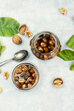 Walnut jam made from green fruits. A delicacy made from unripe nuts.