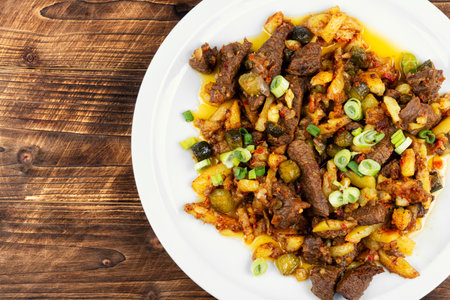 Meat stew made from beef with potatoes and pickles. Tatar food, azu.の写真素材