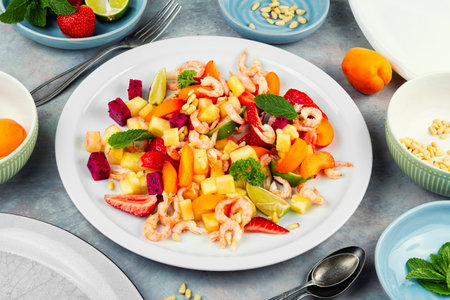 Refreshing salad featuring shrimp and tropical fruit mix.の写真素材