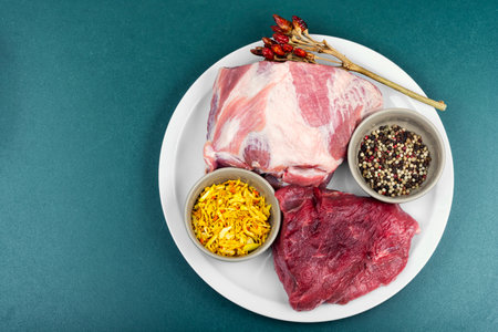 Seasoning and uncooked meat piece, beef meat,pork meat for cooking or grilling. Space for text.