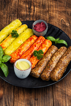 Three varieties of unprepared fresh and raw grilled sausages ready to cook on wooden surface. BBQ.の写真素材