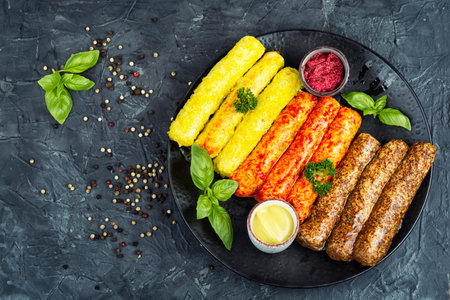 Raw grilled sausages marinated in hot spices, mustard and piquant sauce and ready to cook. Copy space.の写真素材
