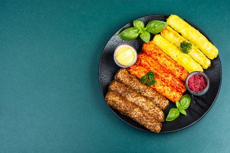 Raw fresh grilled sausages with meat and spices, delicious food for picnic. For cooking grill or barbecue food. Space for text.の写真素材