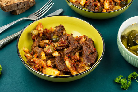 Tatar cuisine, Azu dish, traditional Tatar meat stew made from beef with potatoes , tomato sauce and pickles.の写真素材