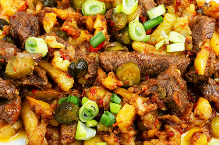 Fragrant traditional Tatar dish Azu. Azu veal fried with potatoes and pickled cucumbers. Close upの写真素材