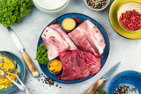 Raw cuts of beef and pork meat, fresh meat assortment and seasoning. Flat lay.の写真素材