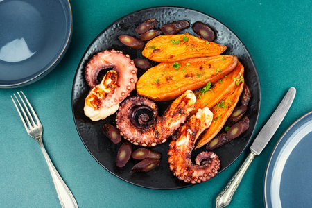 Delicious grilled octopus served with aromatic sweet potato or yam. Fried octopus. Top view.の写真素材