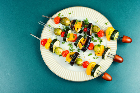 Grilled vegetarian vegetable skewers. Vegetarian, skewers, grilled, vegetables, BBQ.