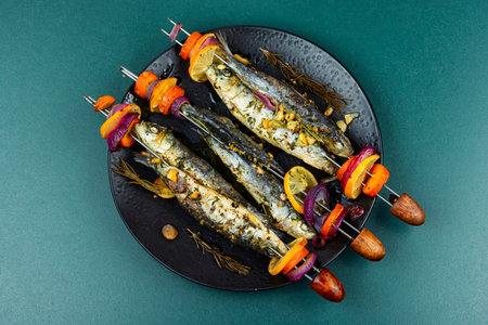 Seafood platter with sardines kebab, grilled fish. Flat layの写真素材