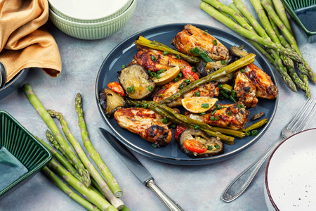 Delicious fried chicken wings with green asparagus and eggplant, grilled chicken wings.の写真素材