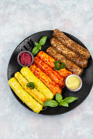 Three varieties of fresh and raw grilled sausages ready to cook.の写真素材