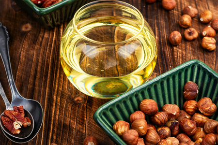 Nut oil and nuts, cold pressed nut oil. Assortment of nuts.の写真素材