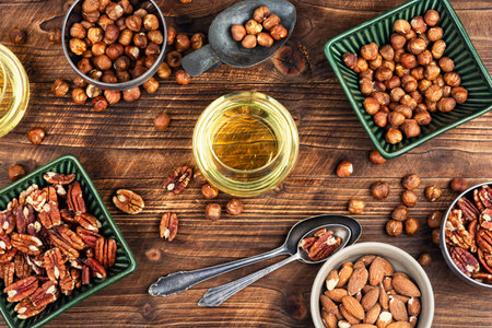 Glass jars with different kinds of nut oil.の写真素材