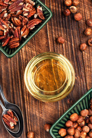 Healthy food, fresh nuts nut oil, nuts concept.の写真素材