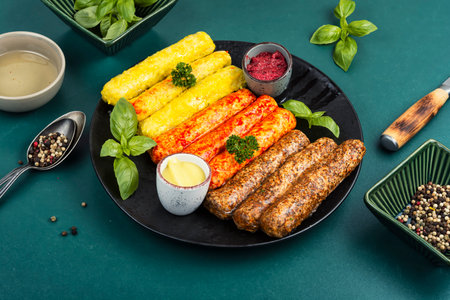 Raw grilled sausages marinated in hot spices, mustard and piquant sauce and ready to cook.の写真素材