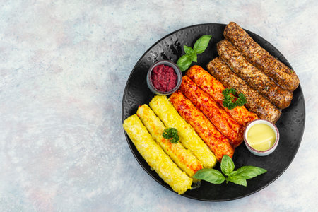 Raw fresh grilled sausages with meat and spices, delicious food for picnic. For cooking grill or barbecue food. Copy space.の写真素材
