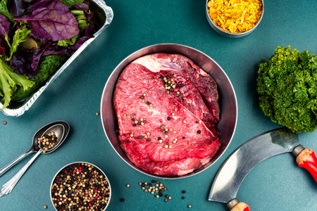 One piece of raw beef with ingredients for cooking.の写真素材