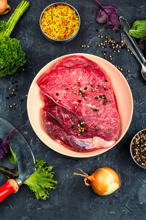 Raw beef tenderloin, fresh fillet ready to cook. Flat lay.の写真素材