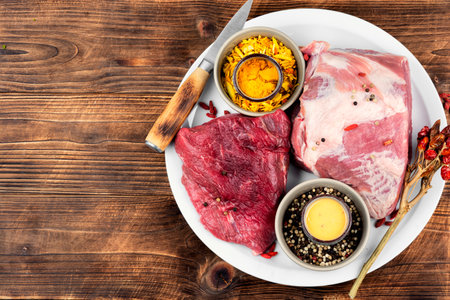 Assorted raw meat cuts and spices, set of various fresh meat on rustic wooden table. Copy space.の写真素材