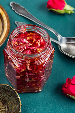 Rose petal flower jam in glass jar for healthy breakfast and tea drinking.の写真素材