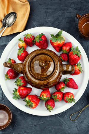 Healthy herbal tea brewed from red herbs and strawberries in a porcelain teapot.の写真素材