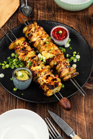 Bacon and fried potatoes, BBQ. Grilled vegetable bacon kebabs. Rustic style.の写真素材