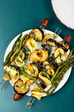 Yummy grilled Tilapia. BBQ fish skewers with vegetables. Fish and vegetable kebabs.の写真素材