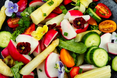 Salad with white asparagus, cucumbers, tomatoes and edible flowers. Close up,macro.の写真素材